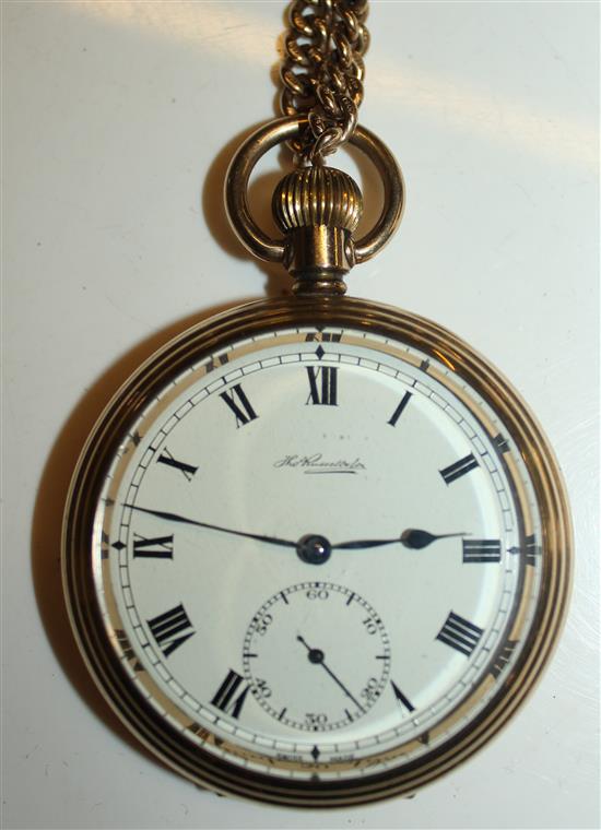 Gold plated pocket watch on 9ct gold albert